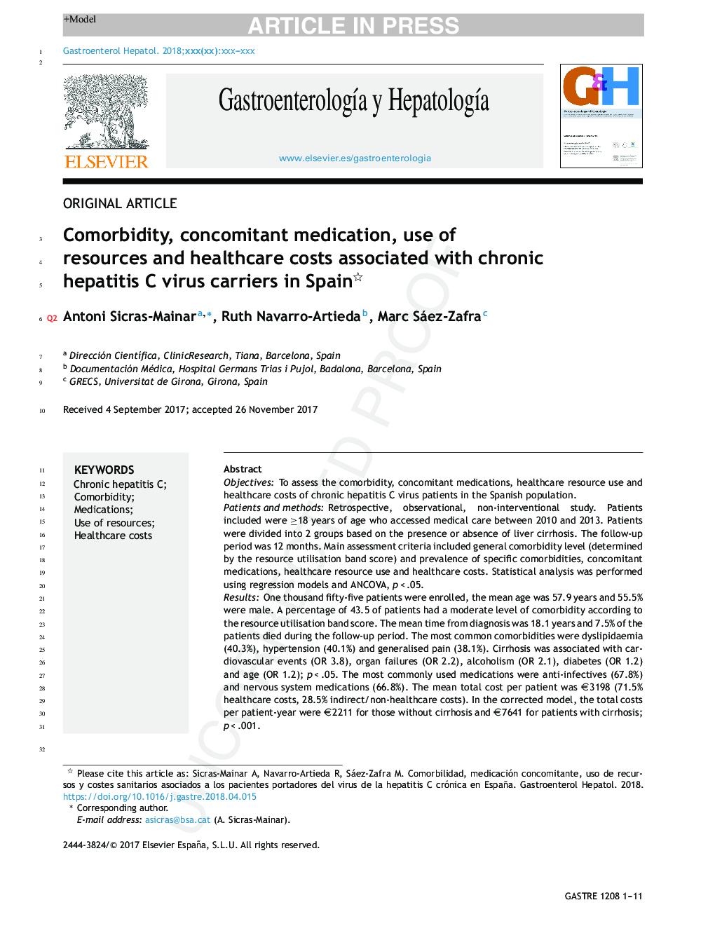 Comorbidity, concomitant medication, use of resources and healthcare costs associated with chronic hepatitis C virus carriers in Spain