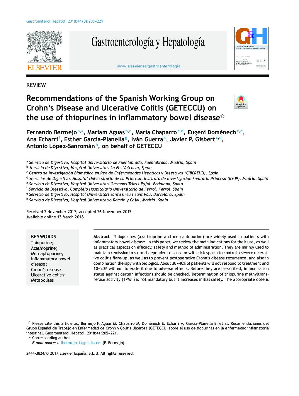 Recommendations of the Spanish Working Group on Crohn's Disease and Ulcerative Colitis (GETECCU) on the use of thiopurines in inflammatory bowel disease
