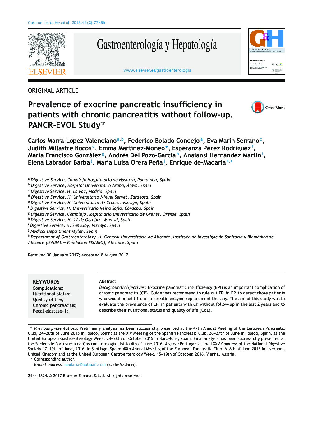 Prevalence of exocrine pancreatic insufficiency in patients with chronic pancreatitis without follow-up. PANCR-EVOL Study