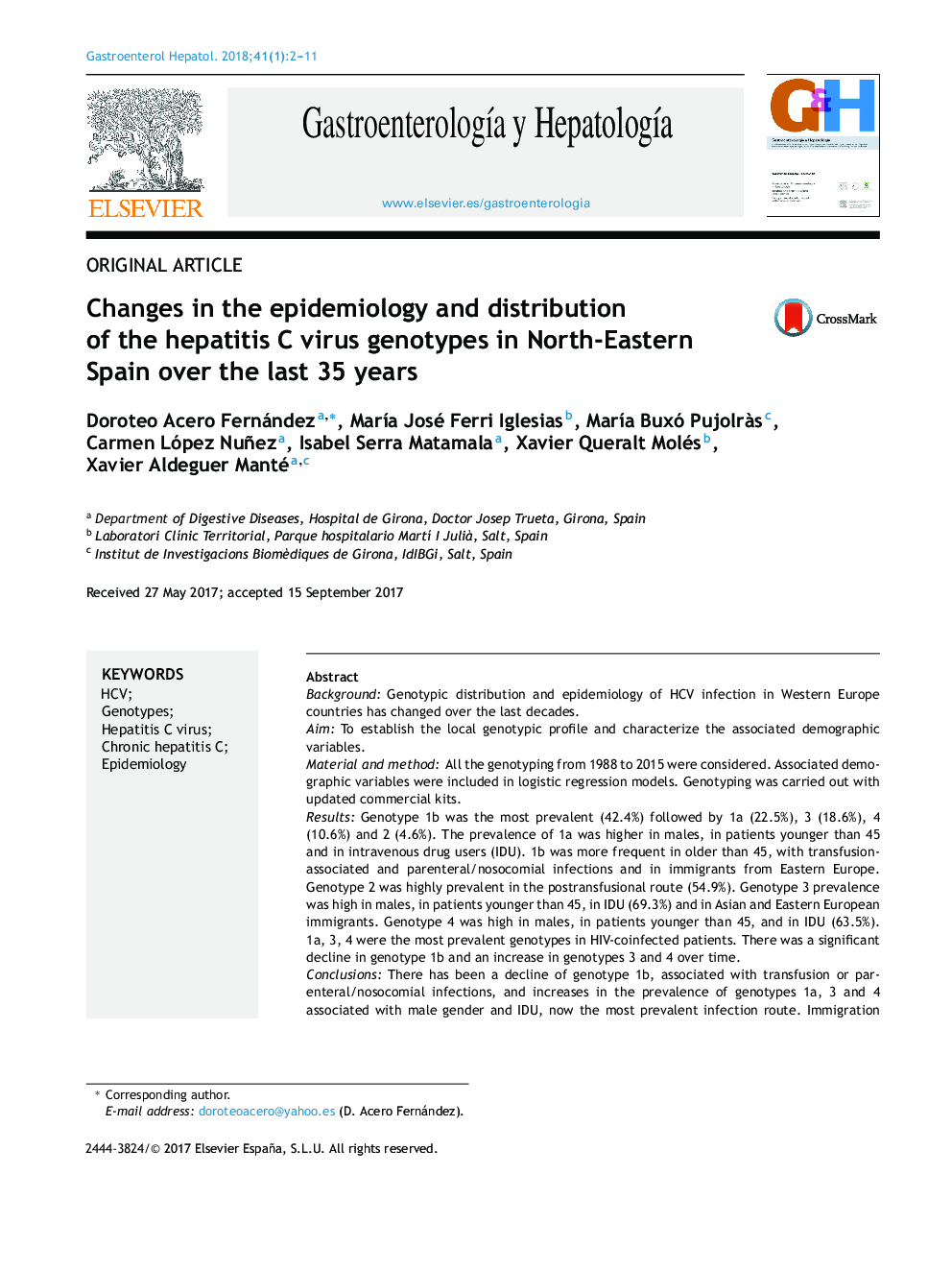 Changes in the epidemiology and distribution of the hepatitis C virus genotypes in North-Eastern Spain over the last 35 years