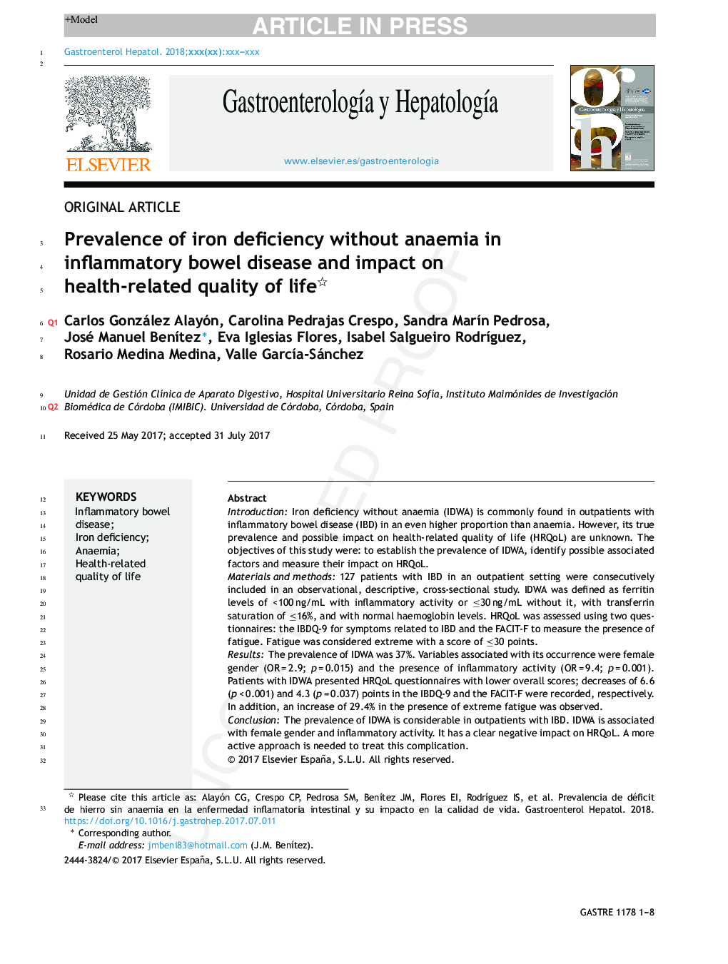 Prevalence of iron deficiency without anaemia in inflammatory bowel disease and impact on health-related quality of life