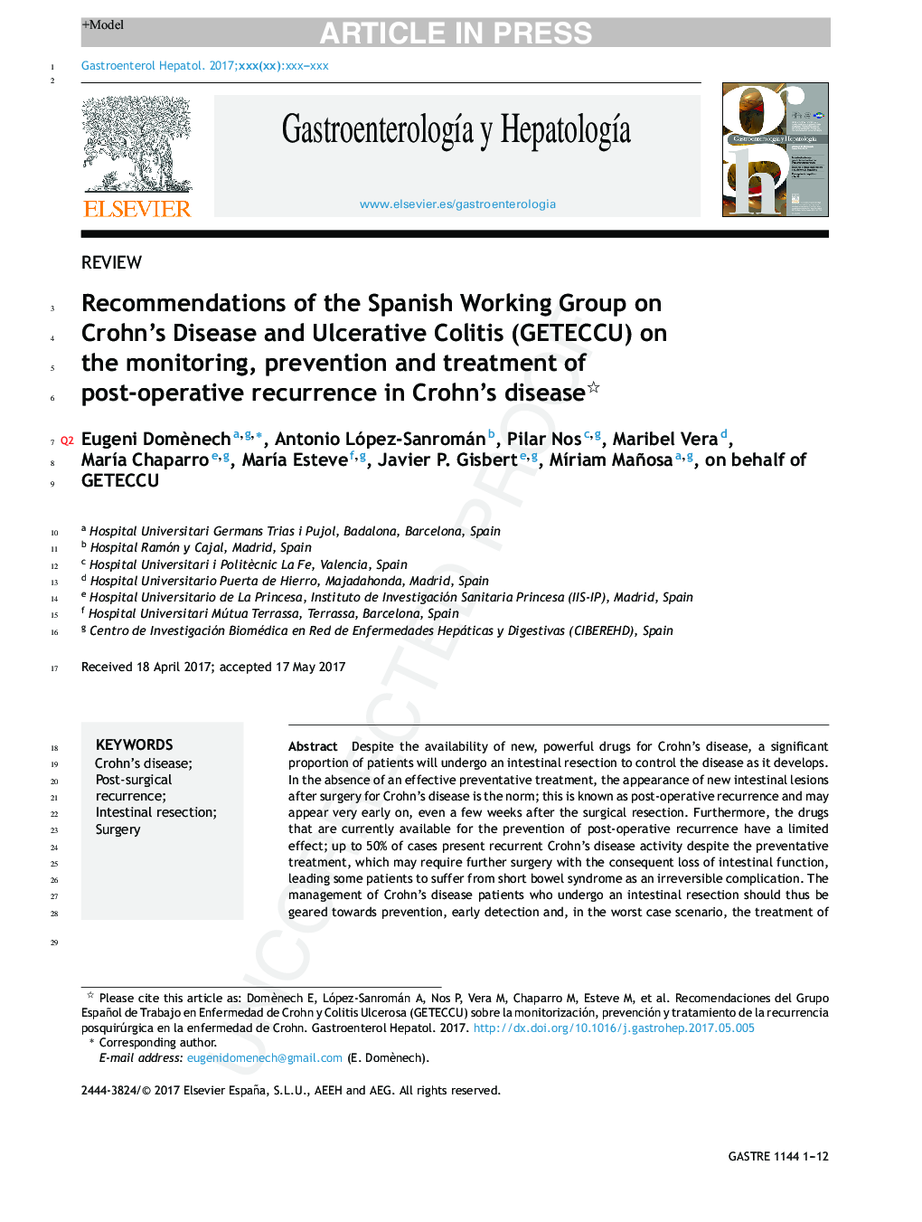 Recommendations of the Spanish Working Group on Crohn's Disease and Ulcerative Colitis (GETECCU) on the monitoring, prevention and treatment of post-operative recurrence in Crohn's disease