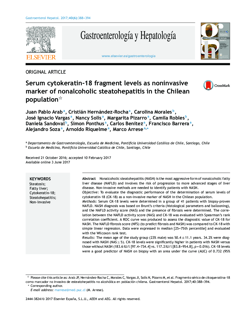 Serum cytokeratin-18 fragment levels as noninvasive marker of nonalcoholic steatohepatitis in the Chilean population