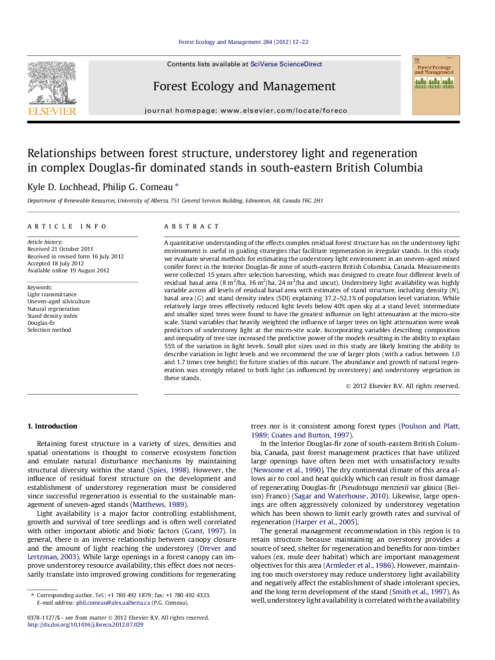 Relationships between forest structure, understorey light and regeneration in complex Douglas-fir dominated stands in south-eastern British Columbia