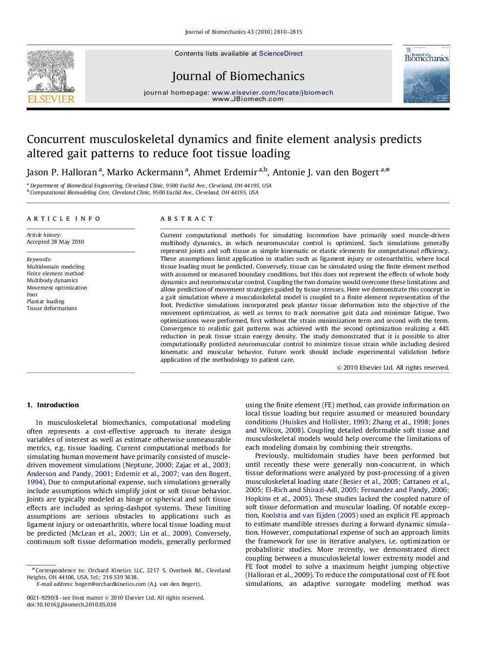 Concurrent musculoskeletal dynamics and finite element analysis predicts altered gait patterns to reduce foot tissue loading