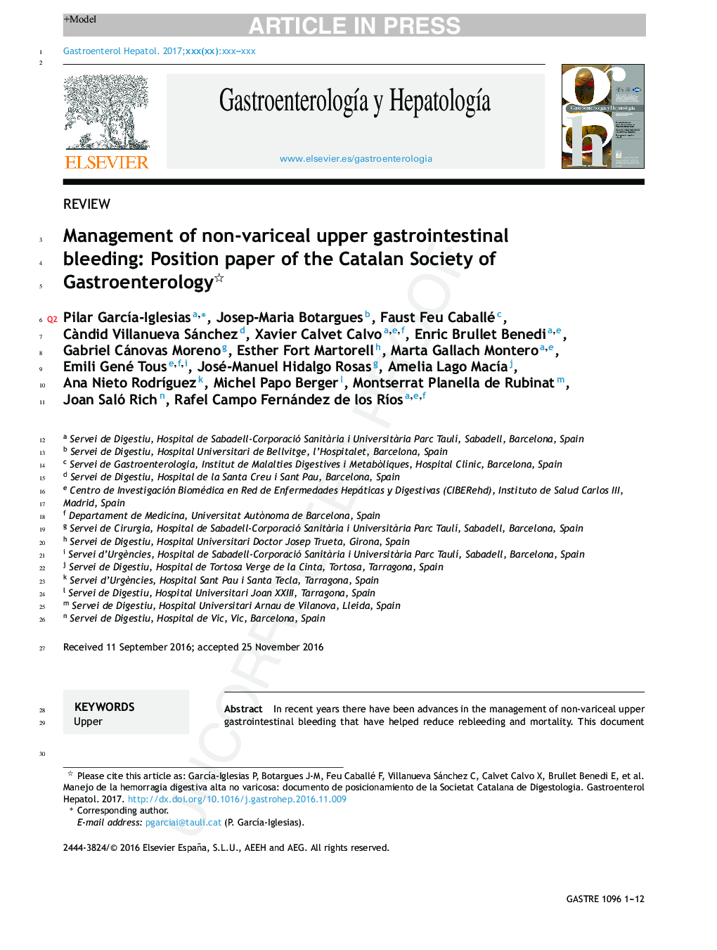 Management of non variceal upper gastrointestinal bleeding: Position paper statement of the Catalan Society of Gastroenterology