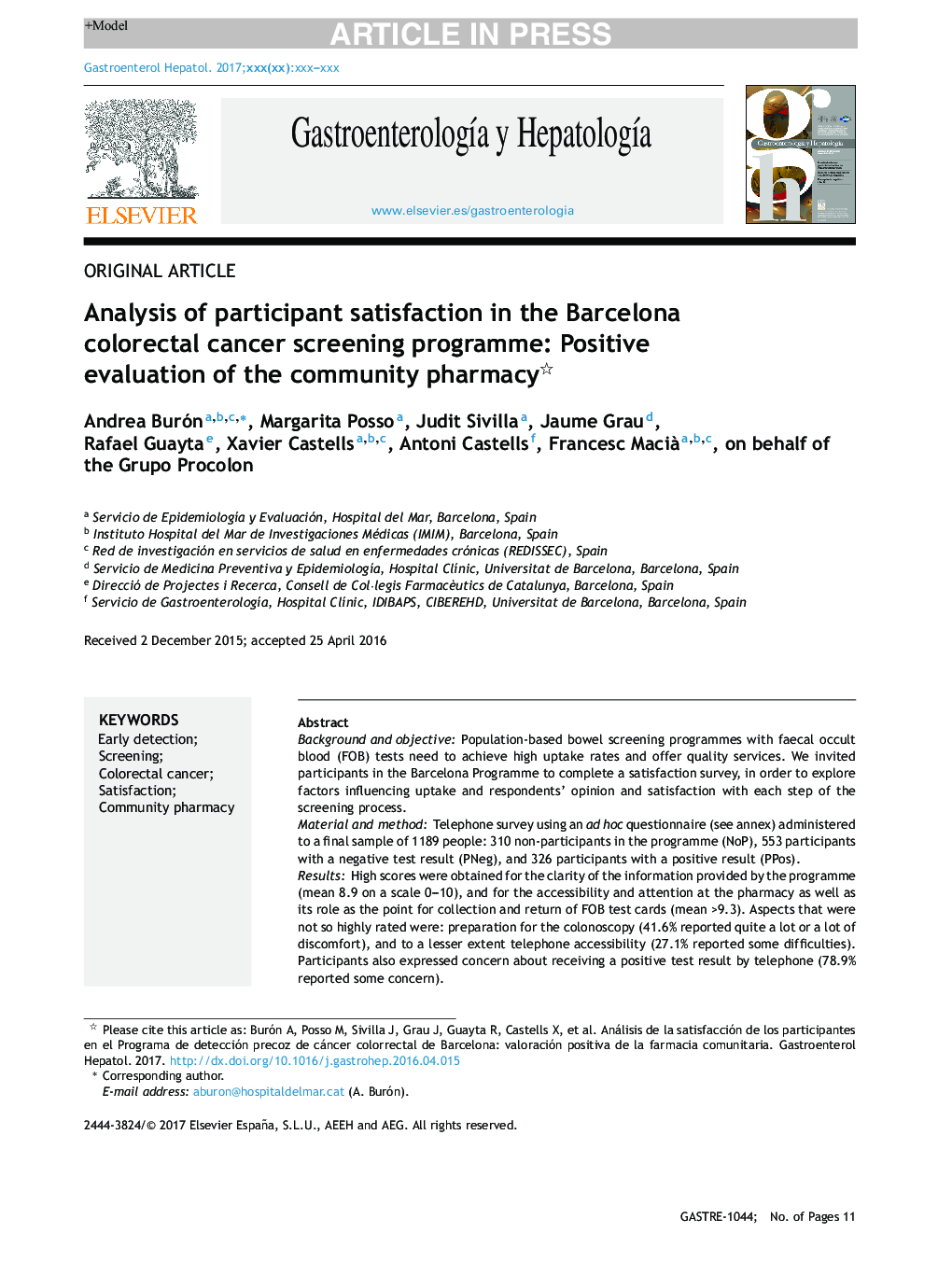 Analysis of participant satisfaction in the Barcelona colorectal cancer screening programme: Positive evaluation of the community pharmacy