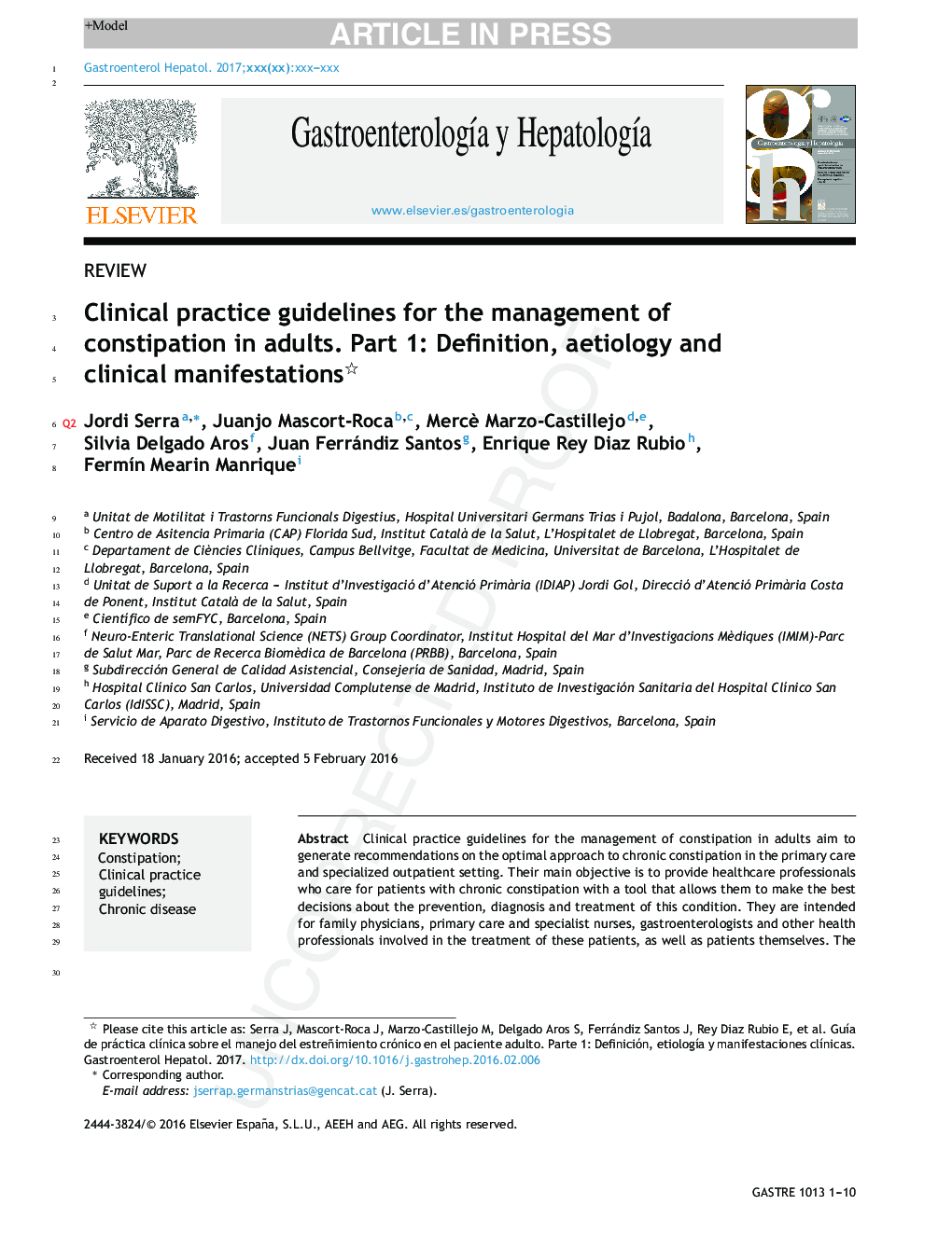 Clinical practice guidelines for the management of constipation in adults. Part 1: Definition, aetiology and clinical manifestations