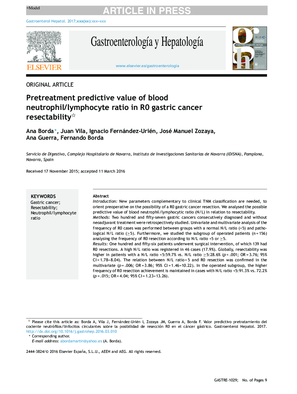 Pretreatment predictive value of blood neutrophil/lymphocyte ratio in R0 gastric cancer resectability