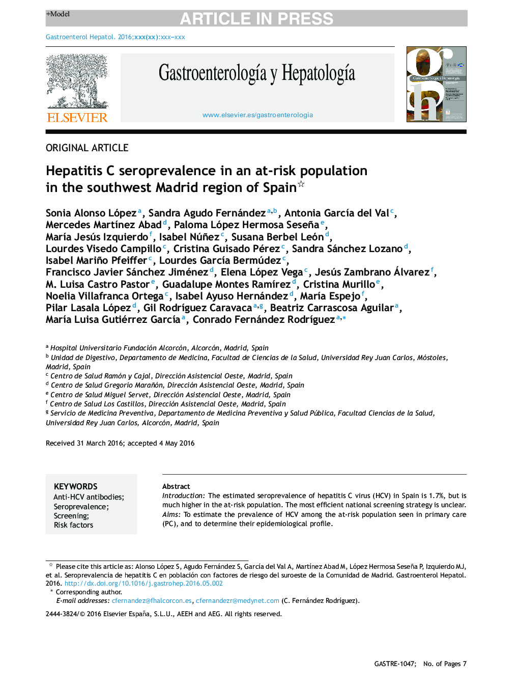 Hepatitis C seroprevalence in an at-risk population in the southwest Madrid region of Spain