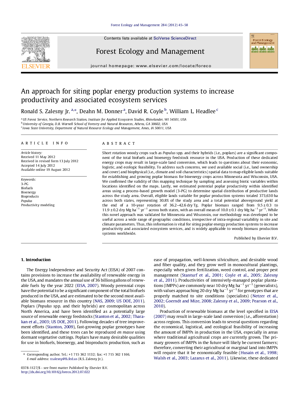 An approach for siting poplar energy production systems to increase productivity and associated ecosystem services