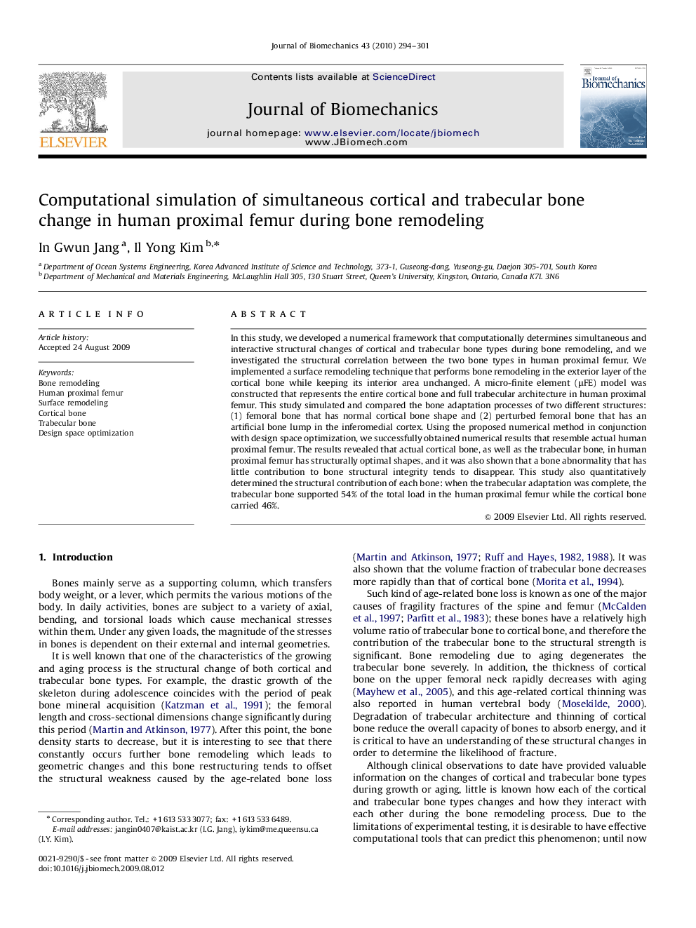 Computational simulation of simultaneous cortical and trabecular bone change in human proximal femur during bone remodeling