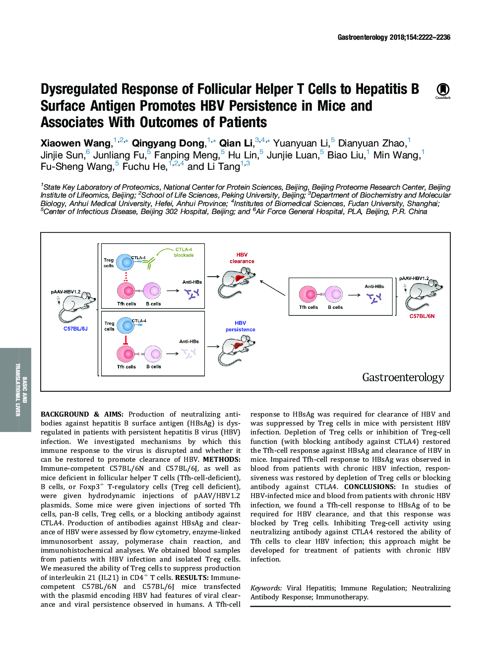 Dysregulated Response of Follicular Helper T Cells to Hepatitis B Surface Antigen Promotes HBV Persistence in Mice and Associates With Outcomes of Patients