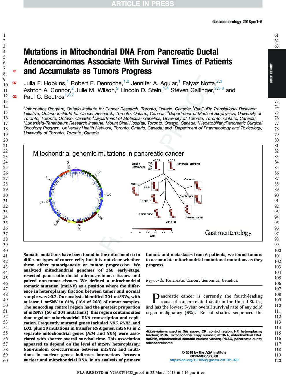 Mutations in Mitochondrial DNA From Pancreatic Ductal Adenocarcinomas Associate With Survival Times of Patients andÂ Accumulate as Tumors Progress