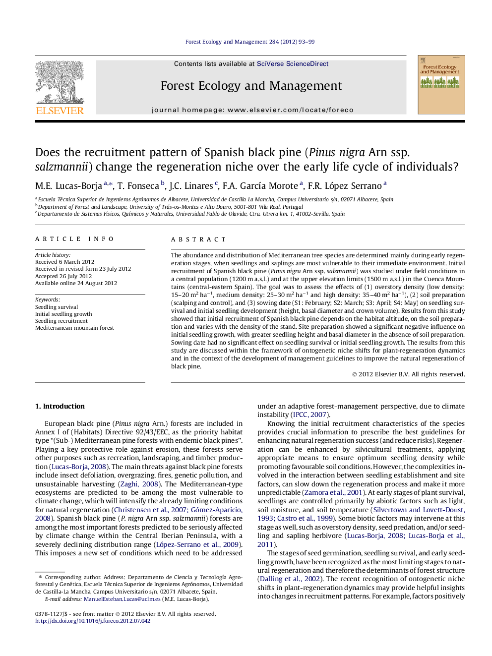 Does the recruitment pattern of Spanish black pine (Pinus nigra Arn ssp. salzmannii) change the regeneration niche over the early life cycle of individuals?