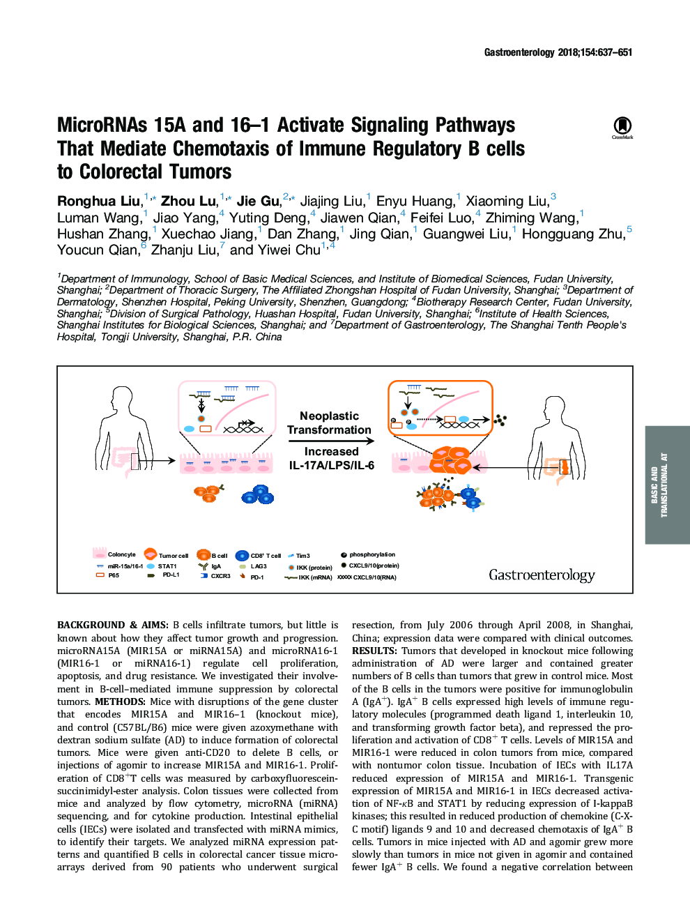 MicroRNAs 15A and 16-1 Activate Signaling Pathways That Mediate Chemotaxis of Immune Regulatory B cells toÂ Colorectal Tumors