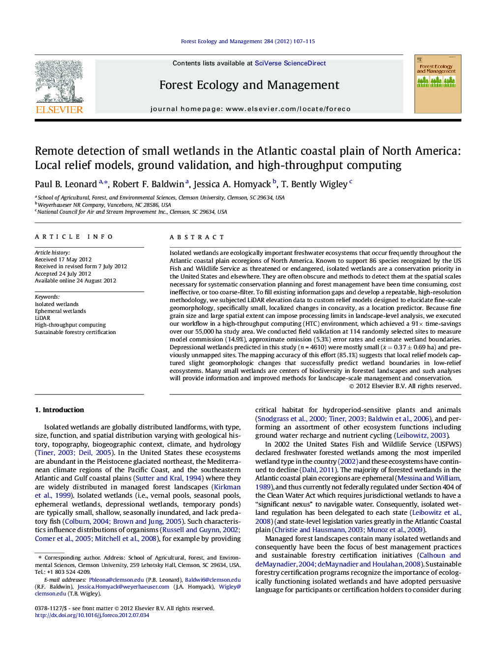 Remote detection of small wetlands in the Atlantic coastal plain of North America: Local relief models, ground validation, and high-throughput computing