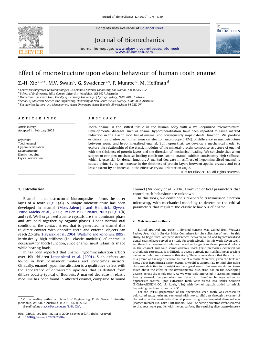 Effect of microstructure upon elastic behaviour of human tooth enamel