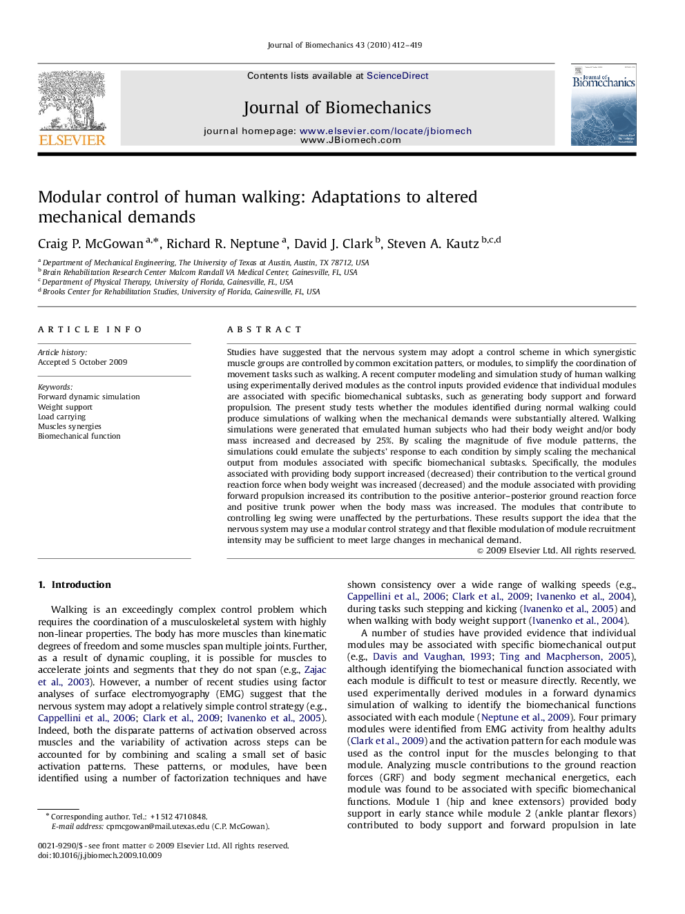 Modular control of human walking: Adaptations to altered mechanical demands