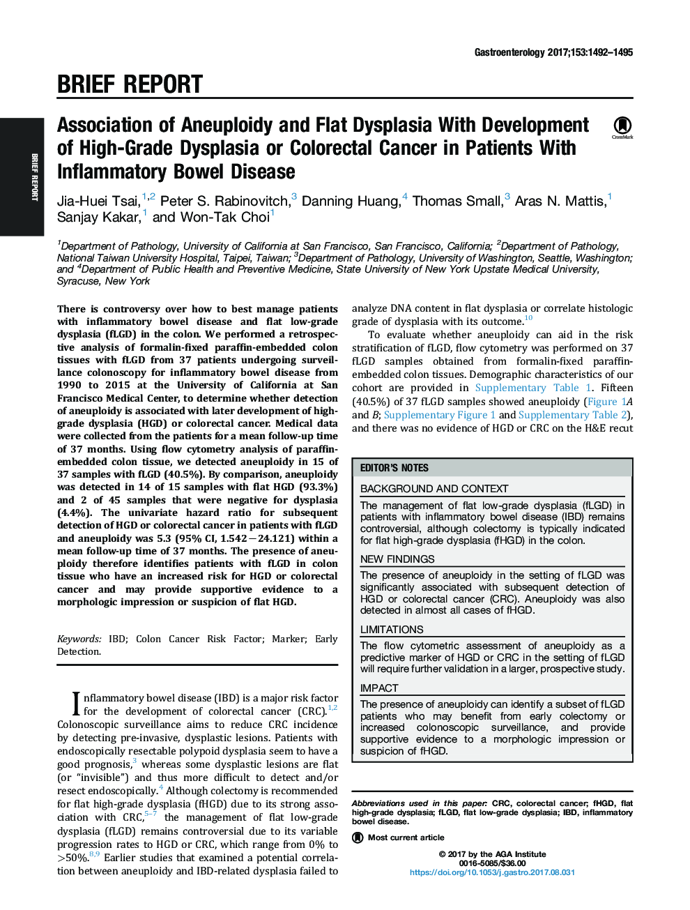 Association of Aneuploidy and Flat Dysplasia With Development of High-Grade Dysplasia or Colorectal Cancer in Patients With Inflammatory Bowel Disease