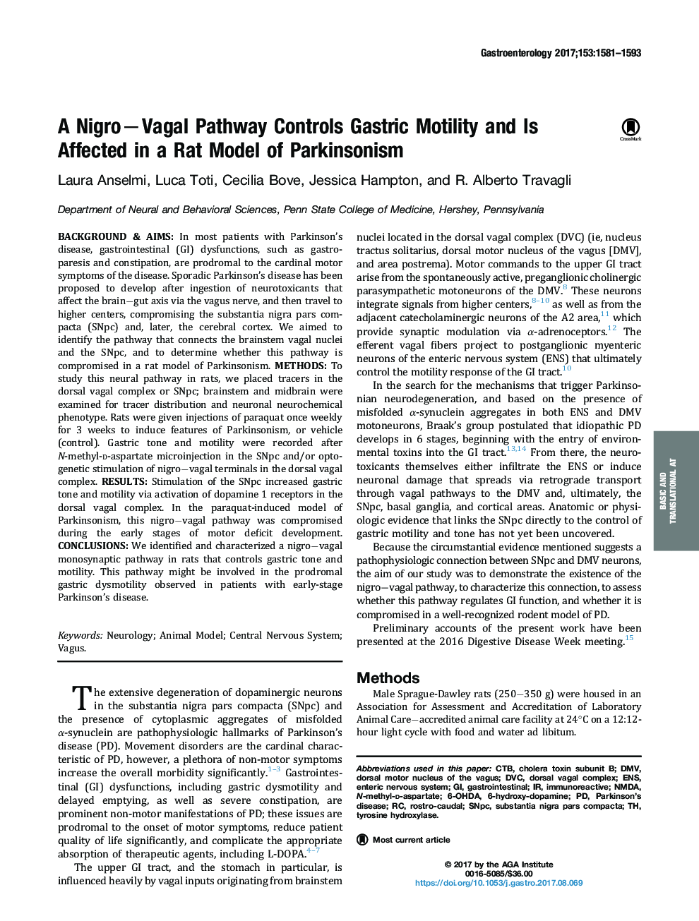 A NigroâVagal Pathway Controls Gastric Motility and Is Affected in a Rat Model of Parkinsonism