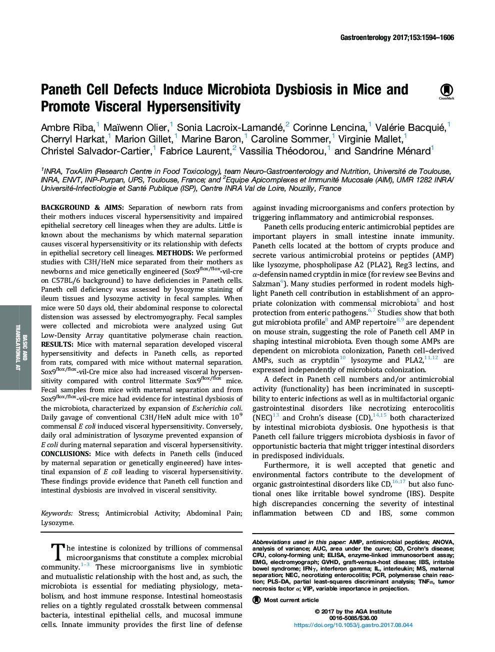 Paneth Cell Defects Induce Microbiota Dysbiosis in Mice and Promote Visceral Hypersensitivity