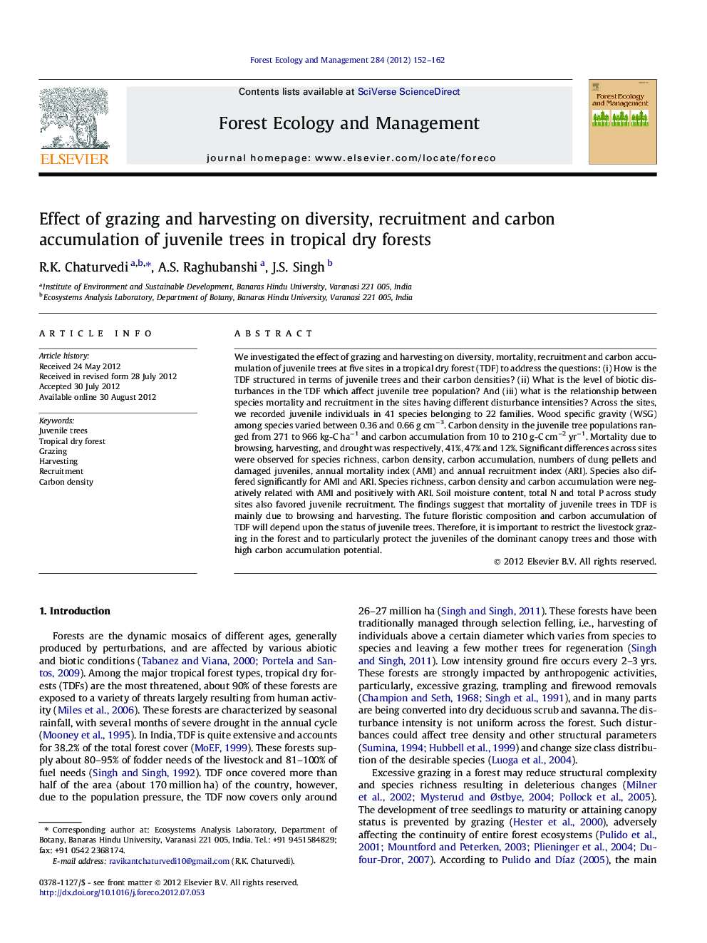 Effect of grazing and harvesting on diversity, recruitment and carbon accumulation of juvenile trees in tropical dry forests