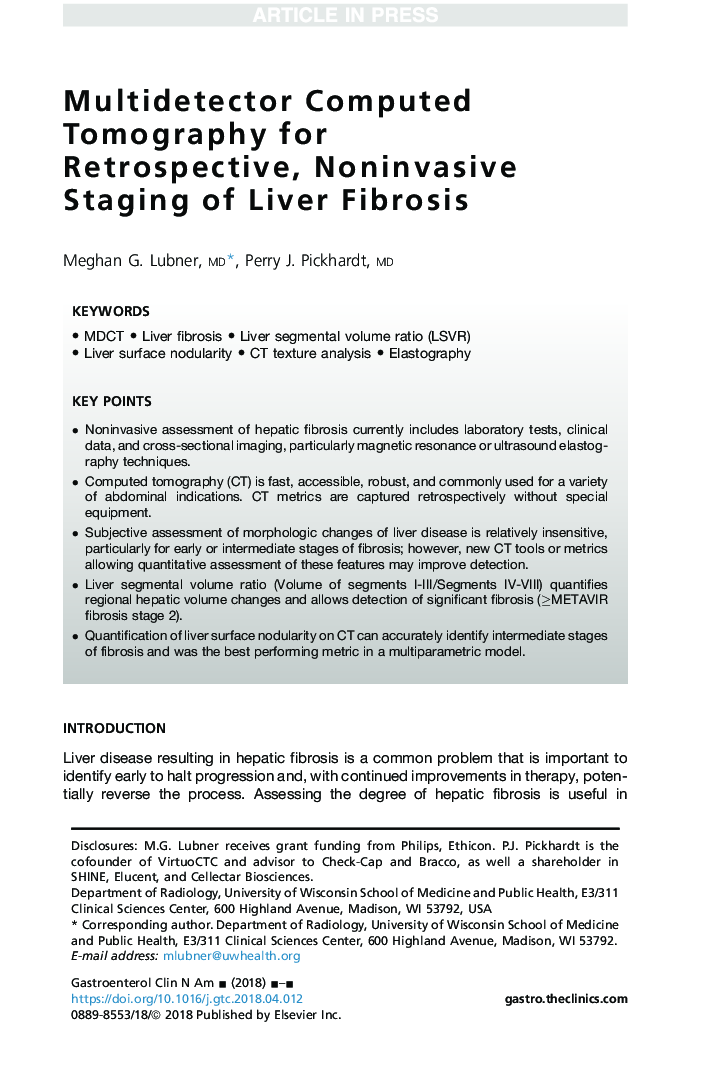 Multidetector Computed Tomography for Retrospective, Noninvasive Staging of Liver Fibrosis