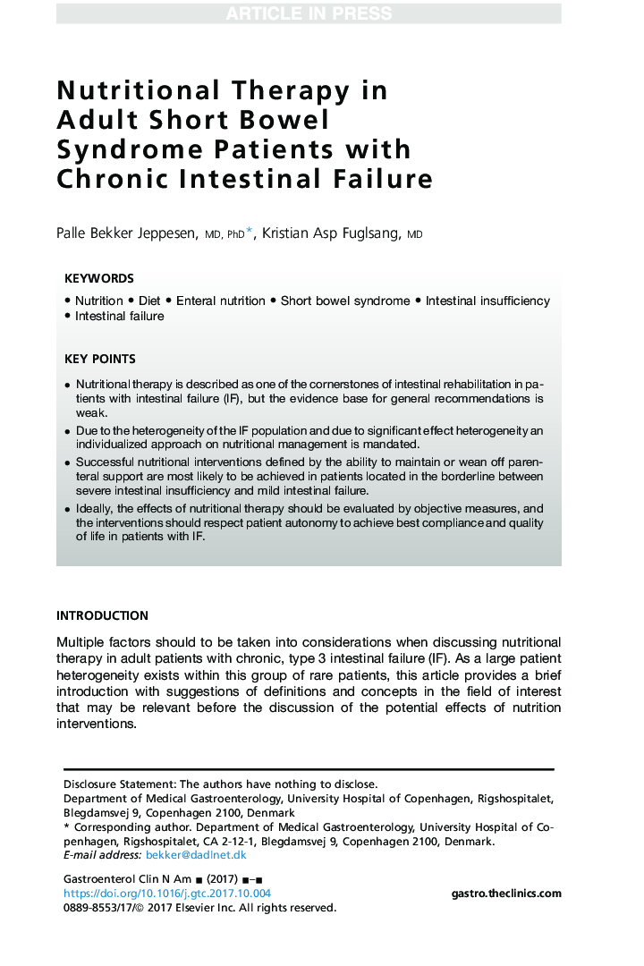 Nutritional Therapy in Adult Short Bowel Syndrome Patients with Chronic Intestinal Failure