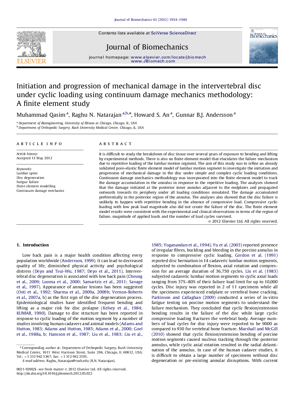 Initiation and progression of mechanical damage in the intervertebral disc under cyclic loading using continuum damage mechanics methodology: A finite element study