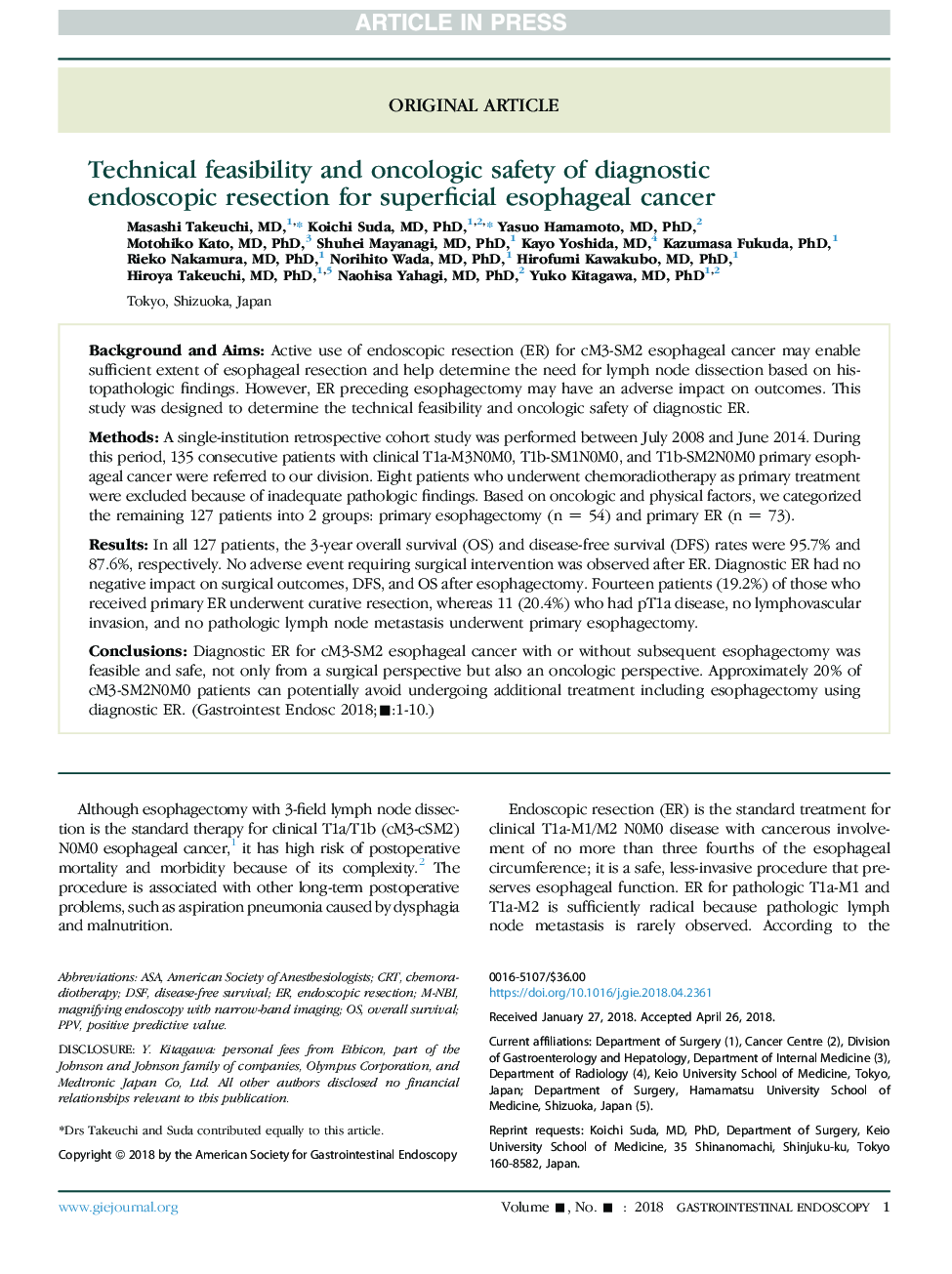 Technical feasibility and oncologic safety of diagnostic endoscopic resection for superficial esophageal cancer