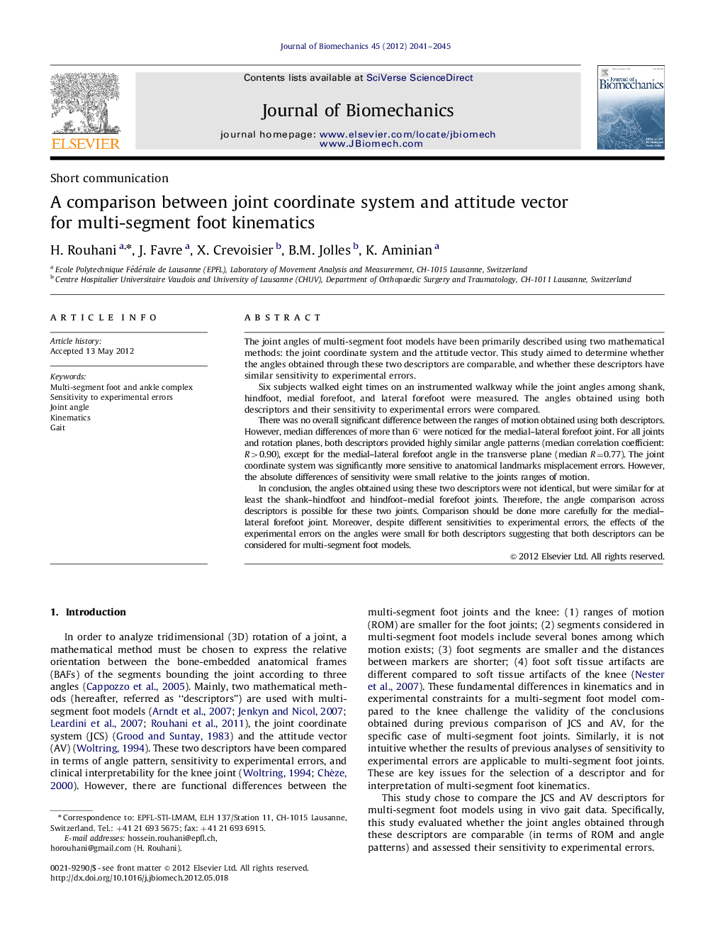 A comparison between joint coordinate system and attitude vector for multi-segment foot kinematics