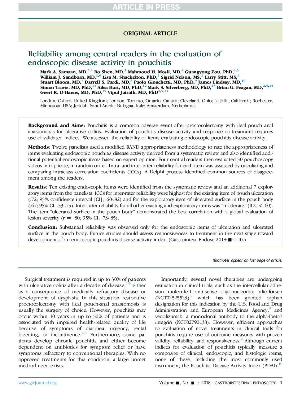 قابلیت اطمینان بین خوانندگان مرکزی در ارزیابی فعالیت بیماری آندوسکوپی در پوچیت 