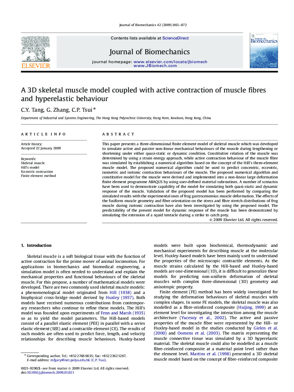 A 3D skeletal muscle model coupled with active contraction of muscle fibres and hyperelastic behaviour