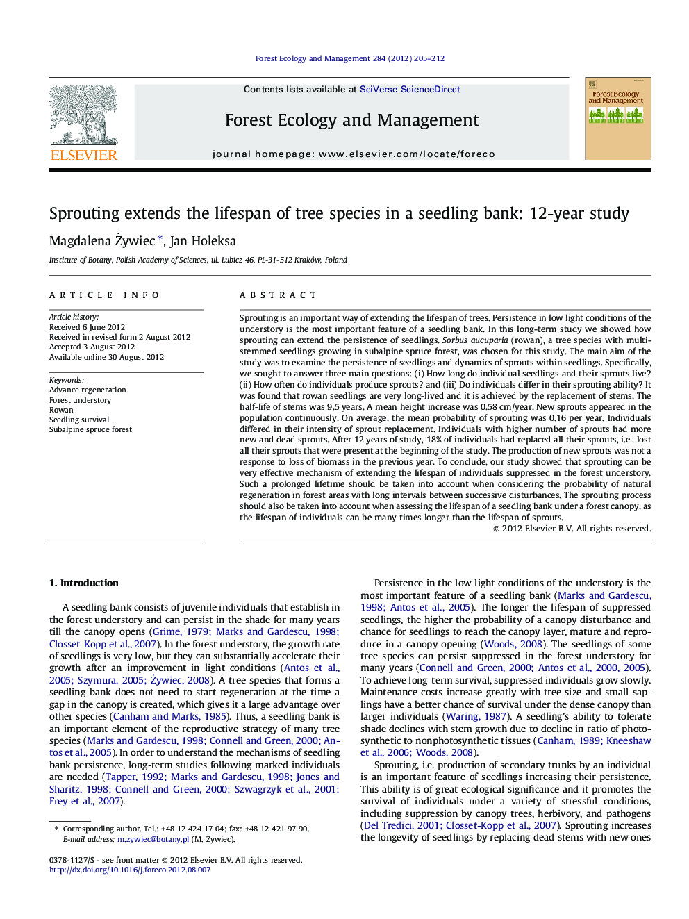 Sprouting extends the lifespan of tree species in a seedling bank: 12-year study