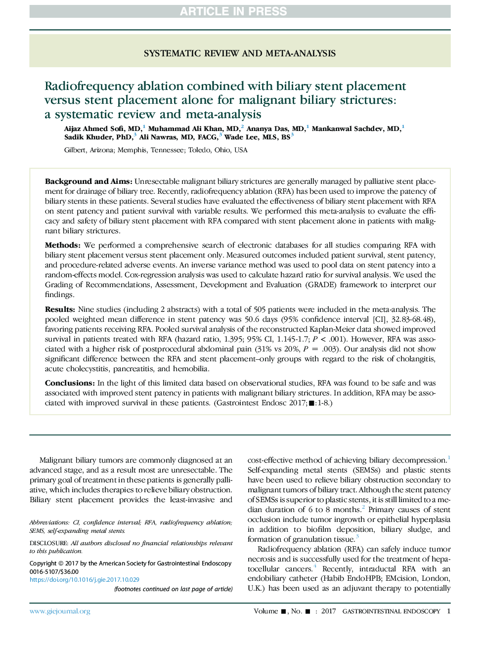 Radiofrequency ablation combined with biliary stent placement versus stent placement alone for malignant biliary strictures: aÂ systematic review and meta-analysis