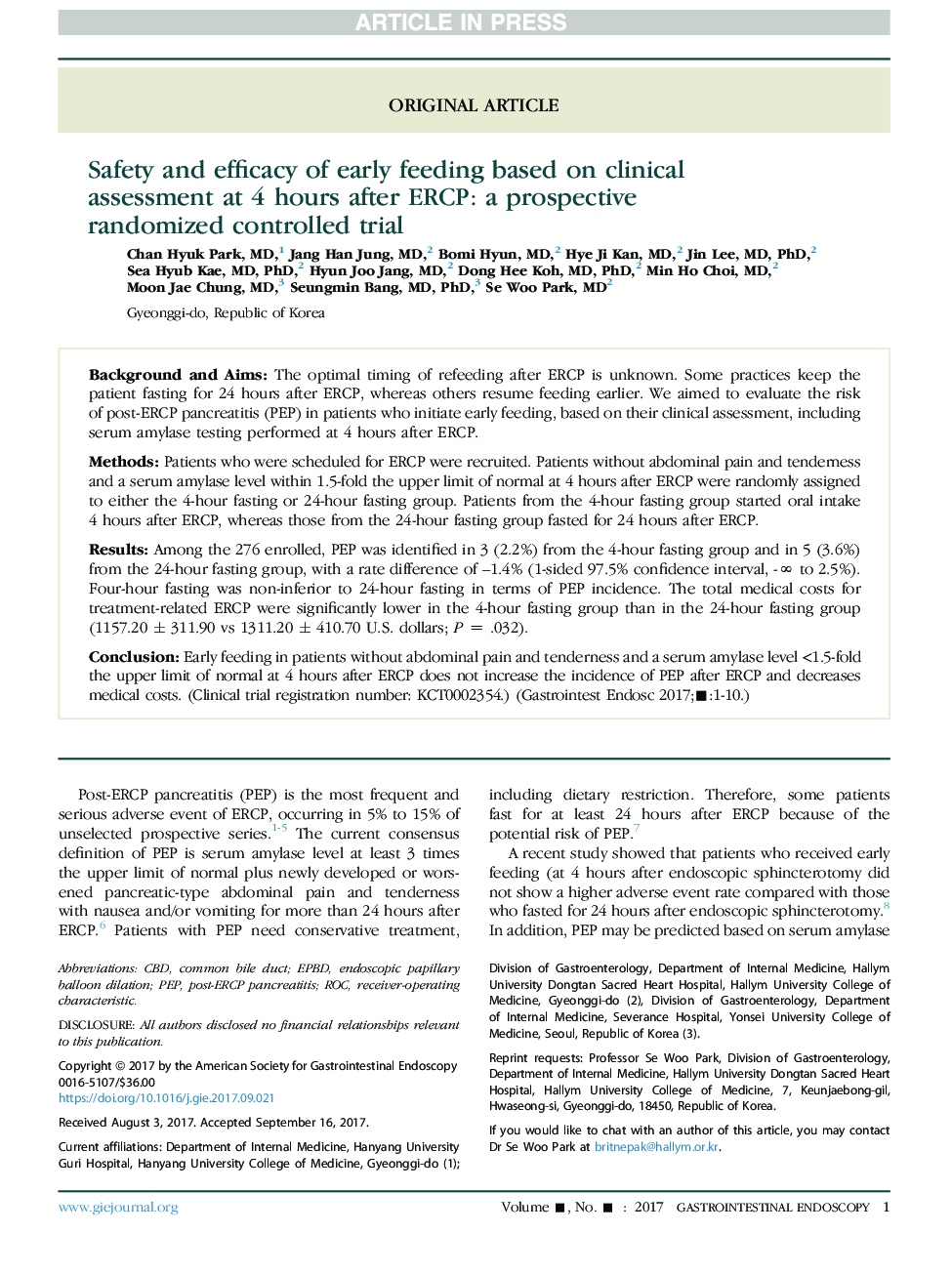 Safety and efficacy of early feeding based on clinical assessmentÂ at 4 hours after ERCP: a prospective randomizedÂ controlled trial