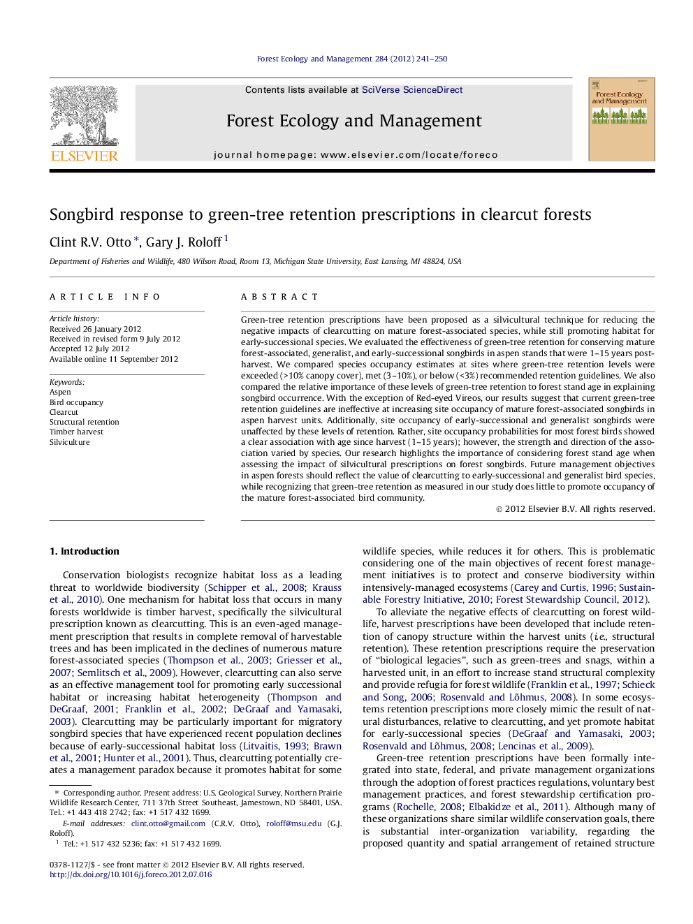 Songbird response to green-tree retention prescriptions in clearcut forests