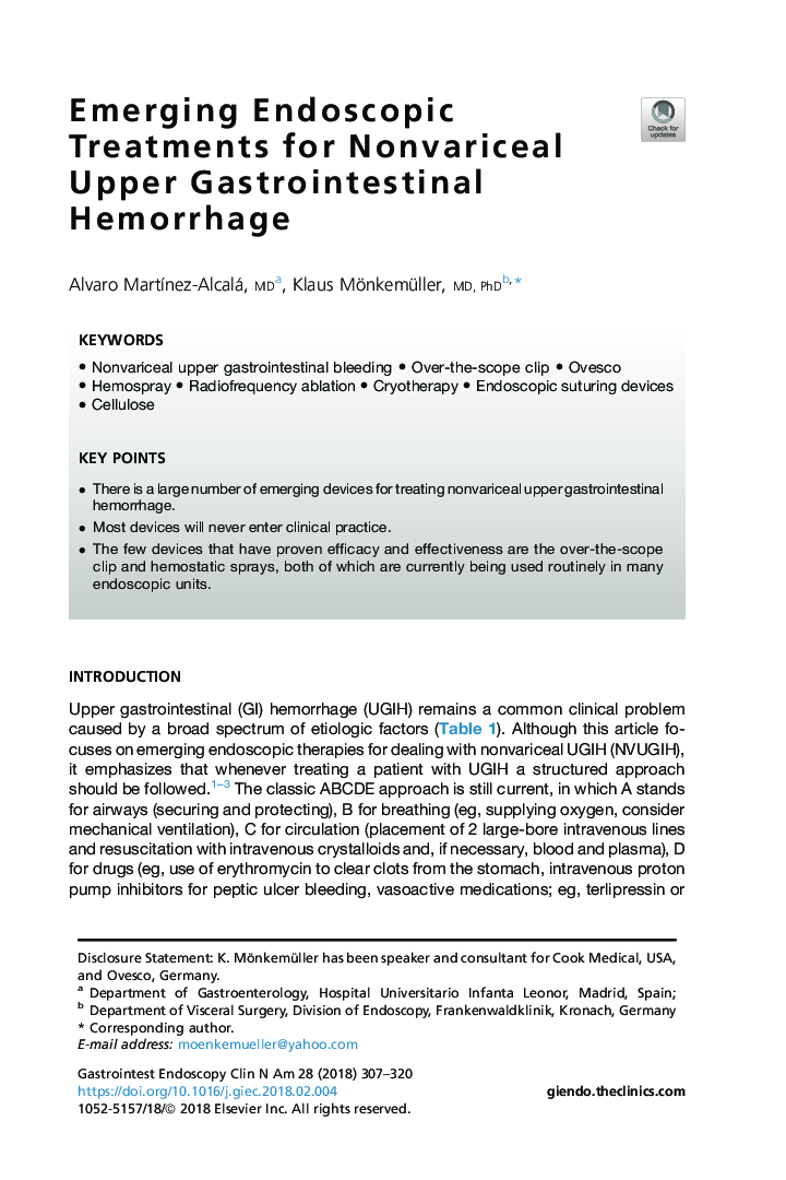 Emerging Endoscopic Treatments for Nonvariceal Upper Gastrointestinal Hemorrhage