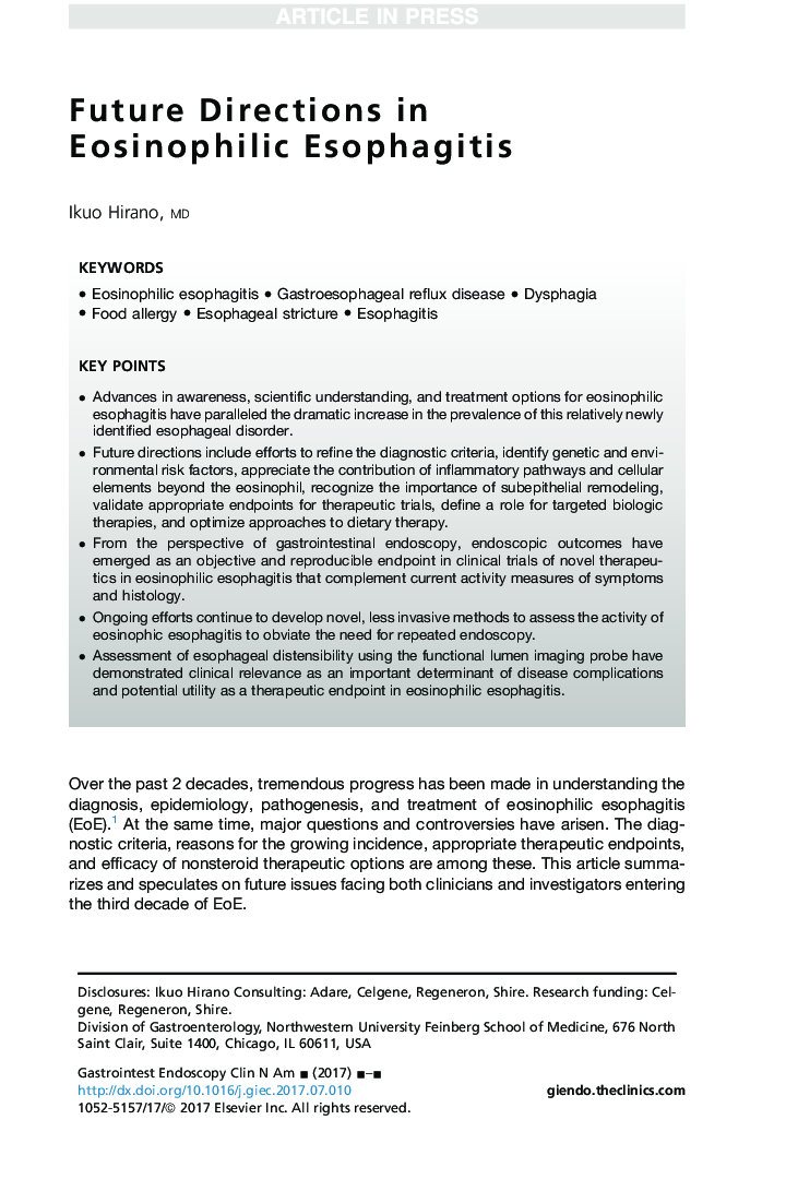 Future Directions in Eosinophilic Esophagitis