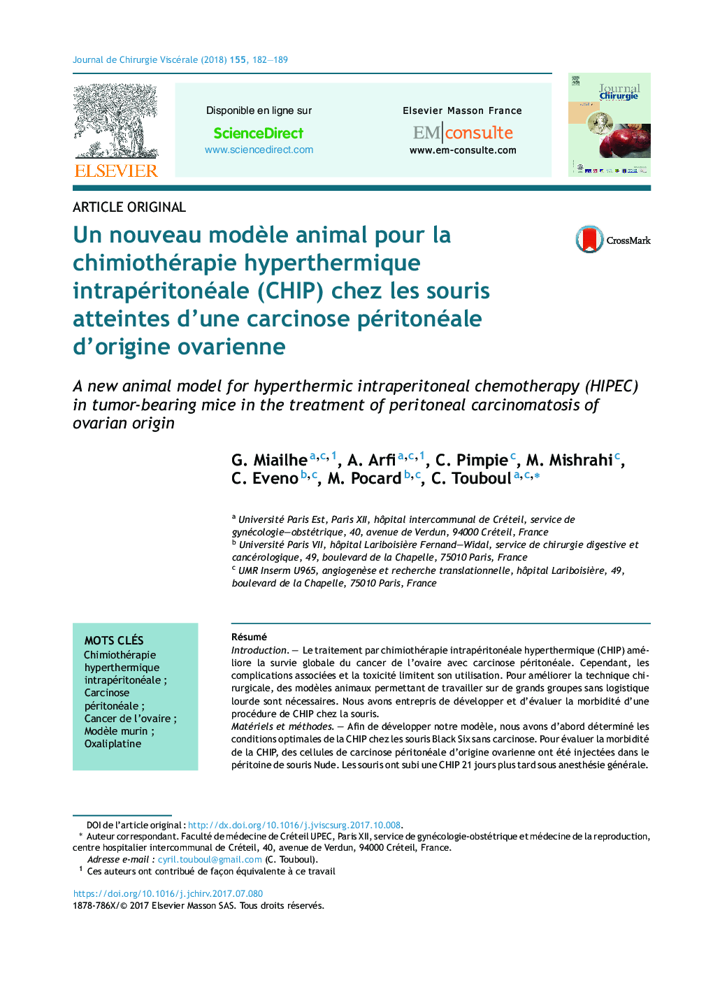 Un nouveau modÃ¨le animal pour la chimiothérapie hyperthermique intrapéritonéale (CHIP) chez les souris atteintes d'une carcinose péritonéale d'origine ovarienne