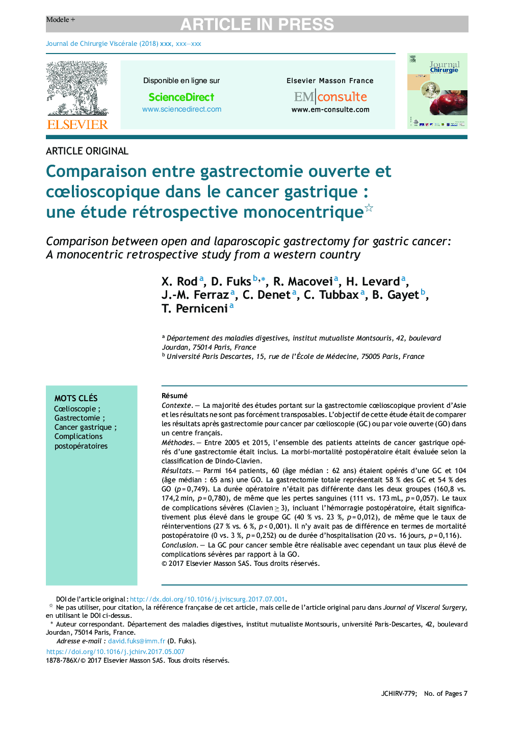 Comparaison entre gastrectomie ouverte et cÅlioscopique dans le cancer gastriqueÂ : une étude rétrospective monocentrique