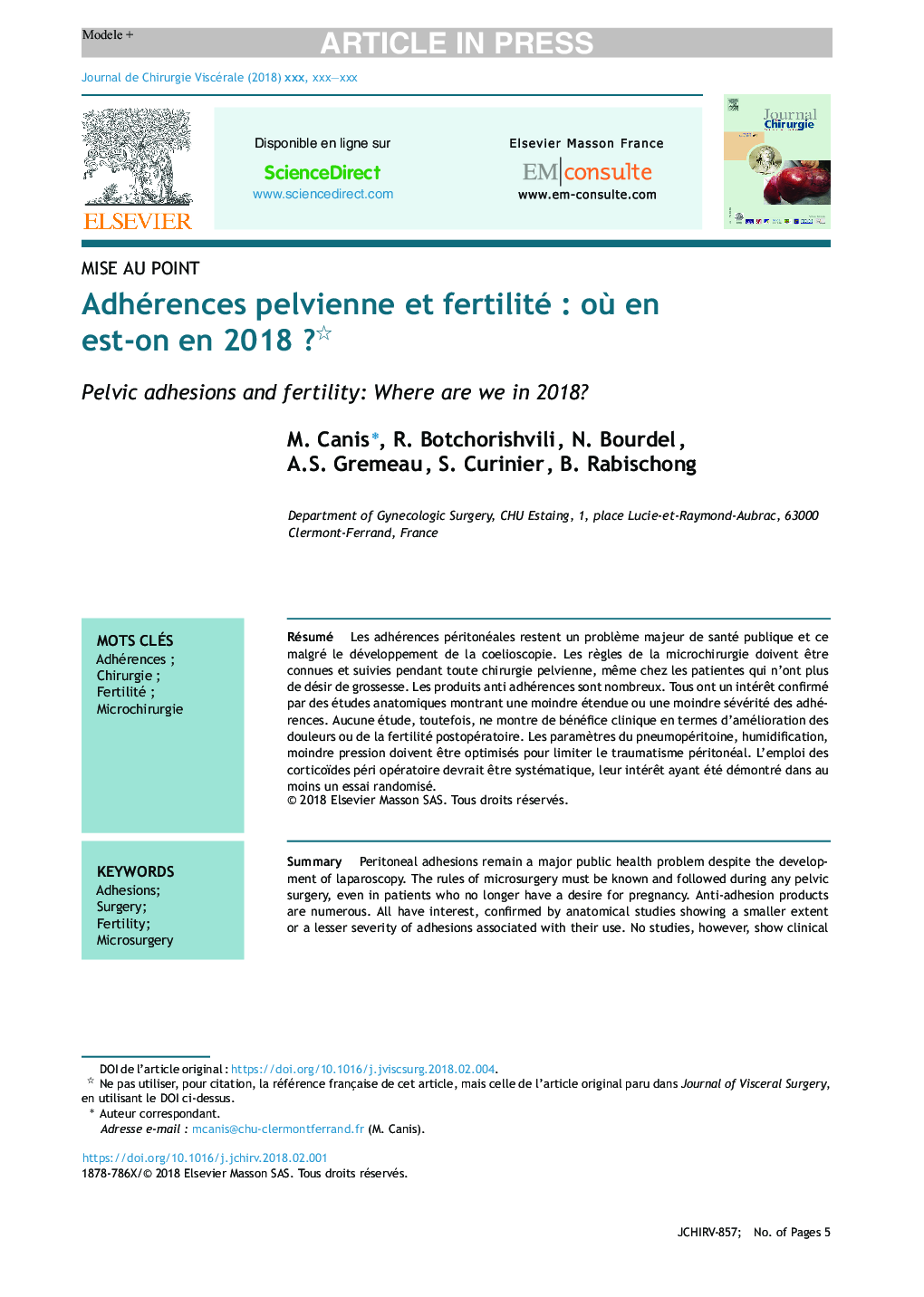 Adhérences pelvienne et fertilitéÂ : oÃ¹ en est-on en 2018Â ?