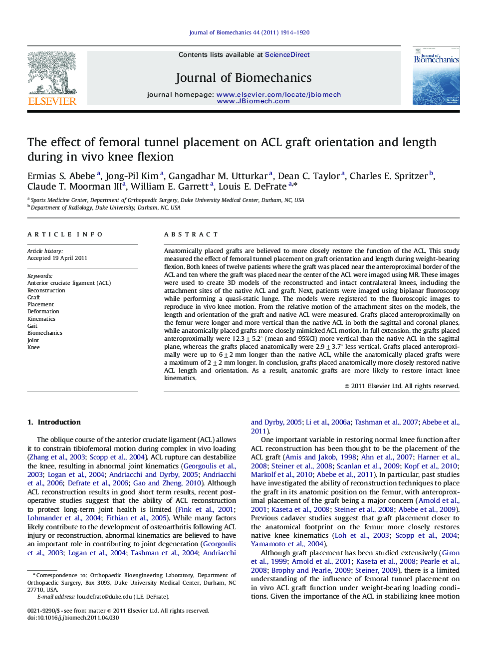 The effect of femoral tunnel placement on ACL graft orientation and length during in vivo knee flexion