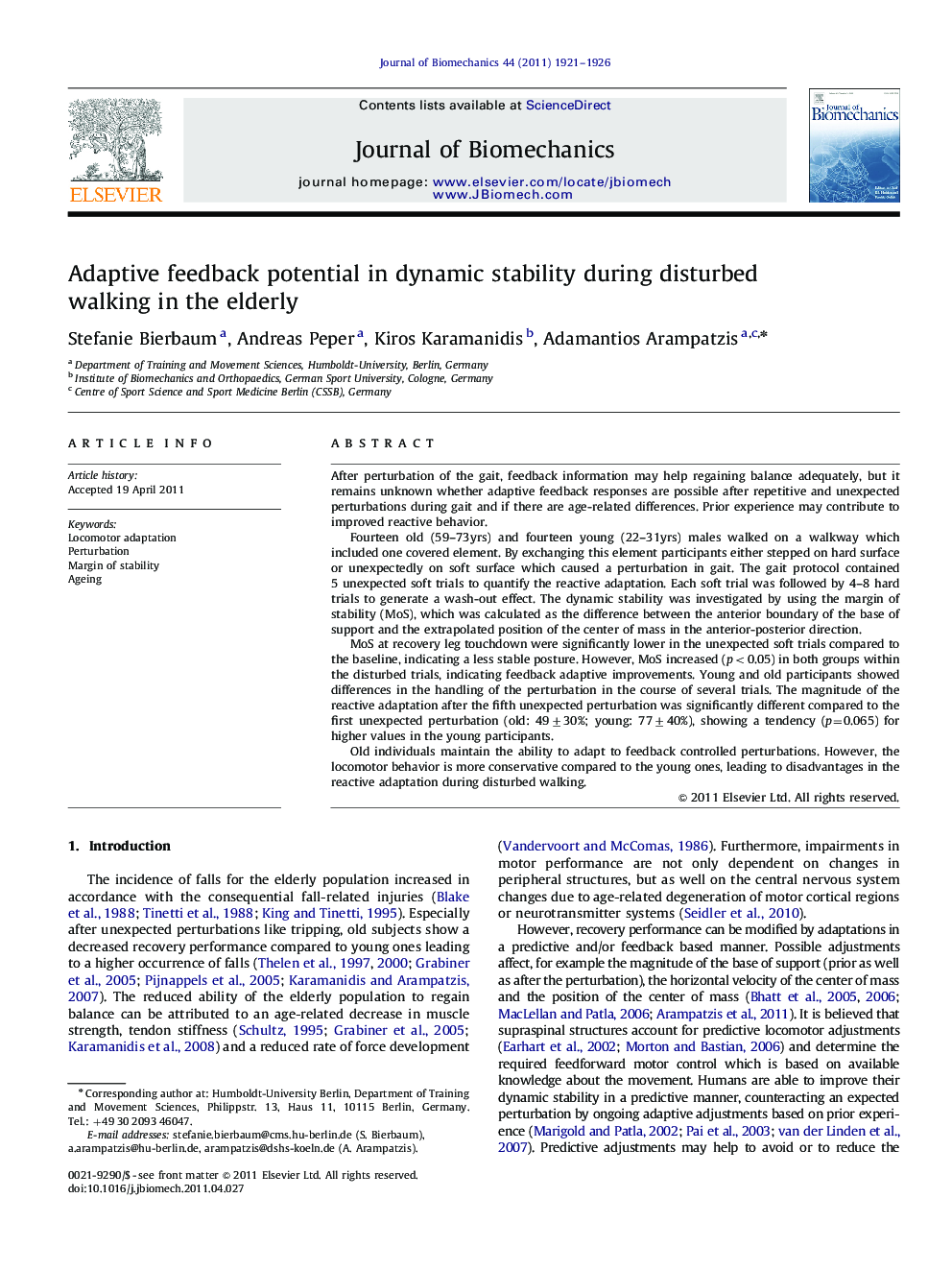 Adaptive feedback potential in dynamic stability during disturbed walking in the elderly