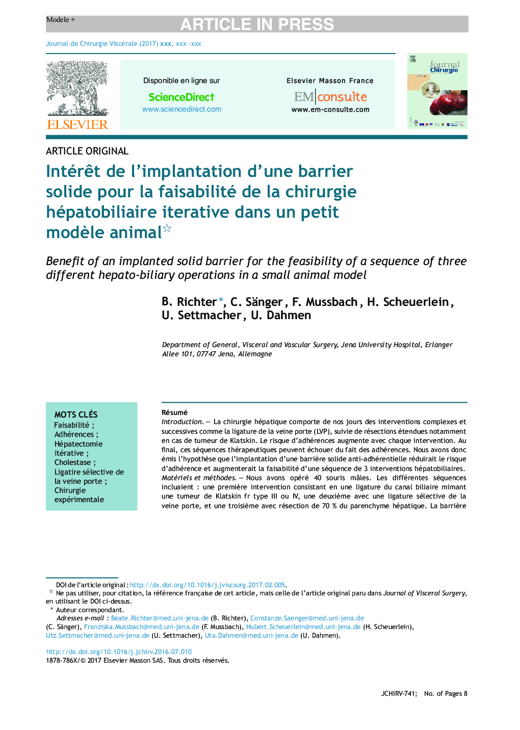 IntérÃªt de l'implantation d'une barrier solide pour la faisabilité de la chirurgie hépatobiliaire iterative dans un petit modÃ¨le animal