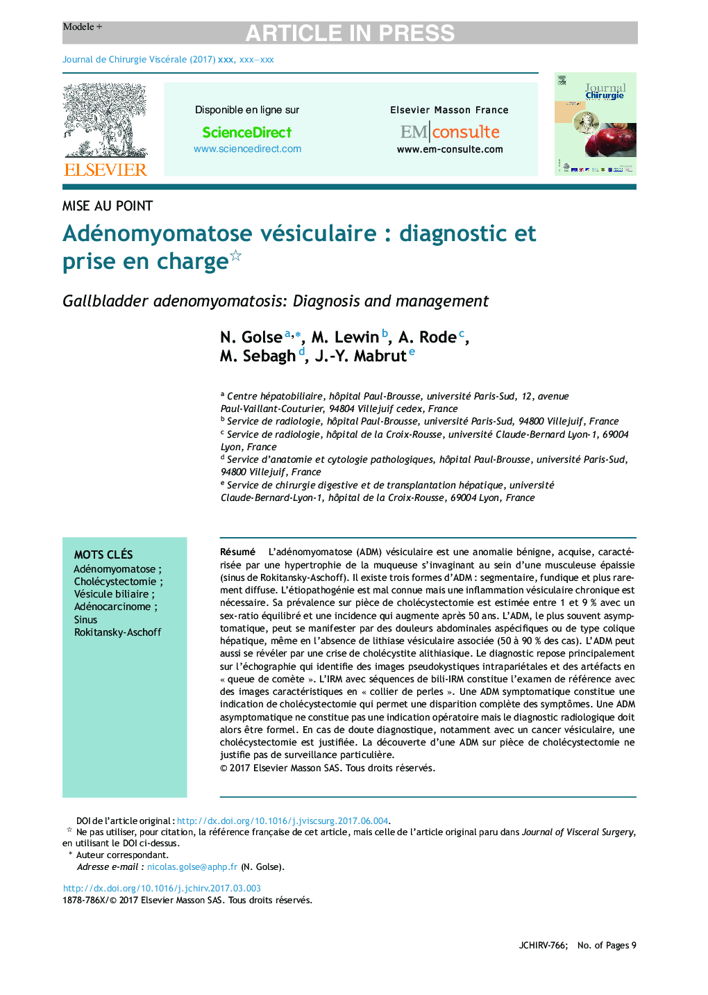 Adénomyomatose vésiculaireÂ : diagnostic et prise en charge