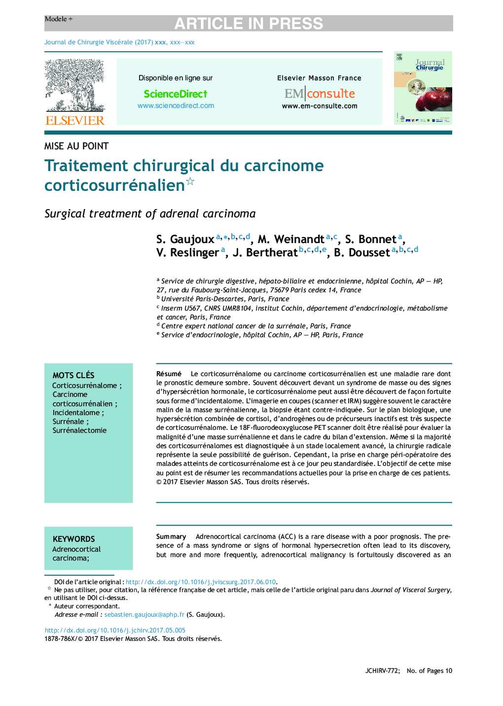 Traitement chirurgical du carcinome corticosurrénalien