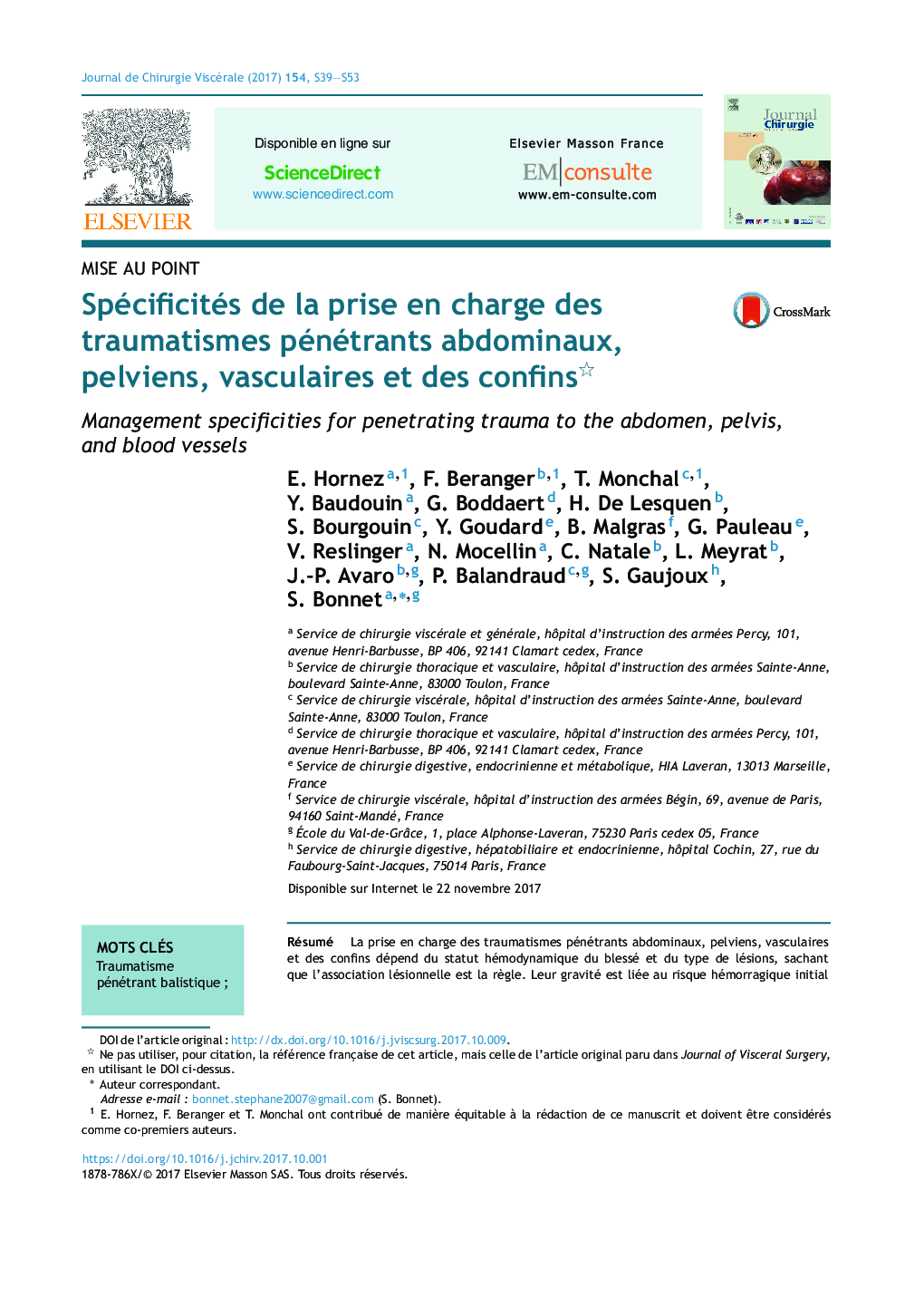 Spécificités de la prise en charge des traumatismes pénétrants abdominaux, pelviens, vasculaires et des confins