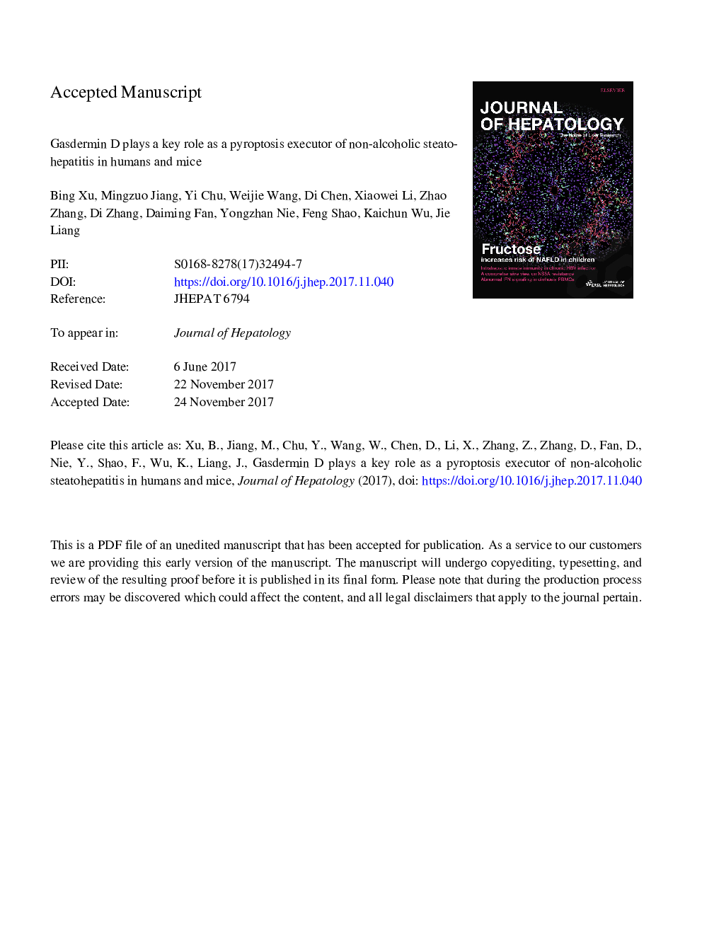 Gasdermin D plays a key role as a pyroptosis executor of non-alcoholic steatohepatitis in humans and mice